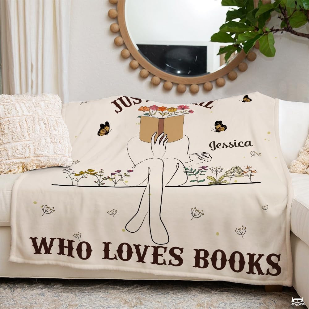 Personalized Floral Line-Art Girl Reading Blanket Throw - Book Lover