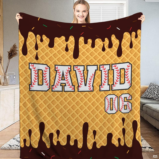 Waffle cone pattern with dripping chocolate and baseball-laced varsity lettering, view 1.