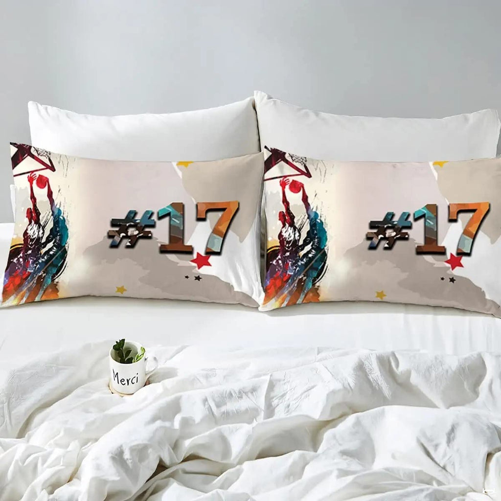 Folded corner view of watercolor basketball bedding set displaying vibrant multi-tone print quality