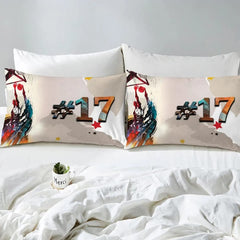 Folded corner view of watercolor basketball bedding set displaying vibrant multi-tone print quality