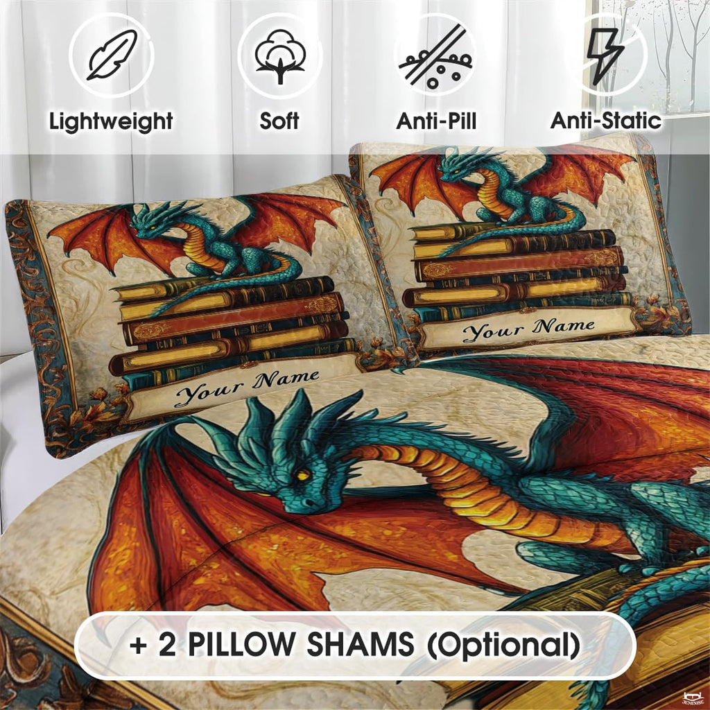 Close-up of vibrant teal dragon scales and intricate antique book illustrations.