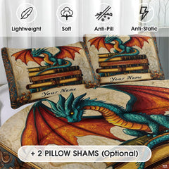 Close-up of vibrant teal dragon scales and intricate antique book illustrations.