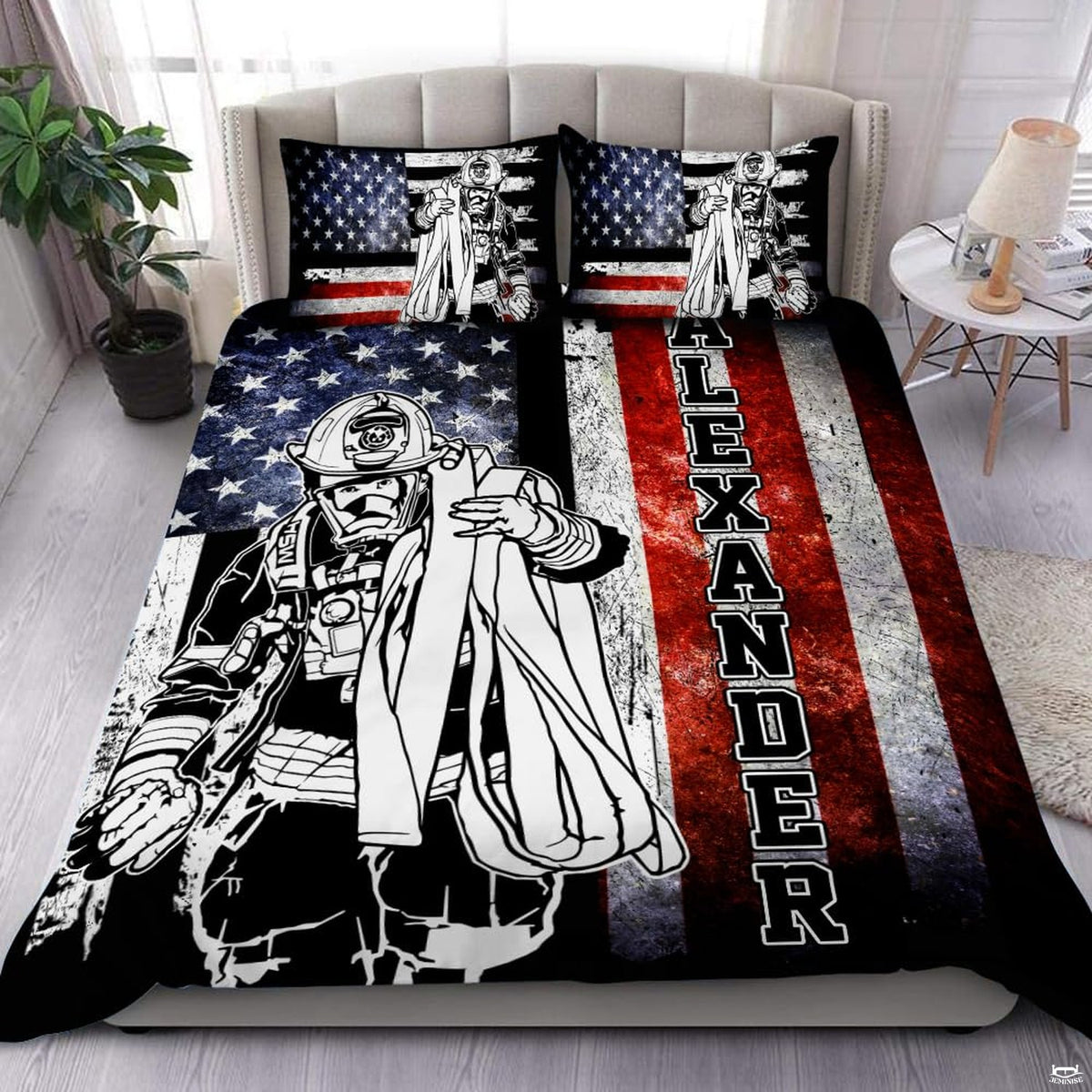 Helmeted emergency responder illustration over a distressed red, white, and blue flag in a bedroom