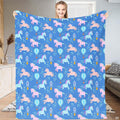 Magical unicorn bedding set featuring whimsical pastel unicorns, hot air balloons, and stars on royal blue.