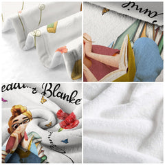 Feature diagram for the carnation reader girl throw blanket showing rich print quality and durable construction.