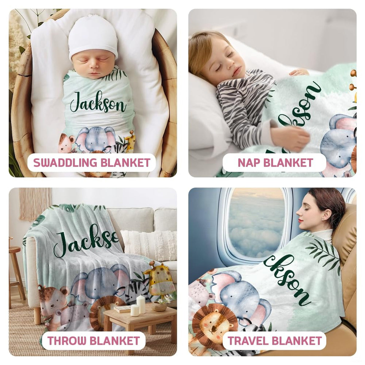 Lifestyle display showing safari jungle animals blanket used across multiple home settings.