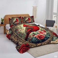 Floral Nature Cardinal Within Ornate Oval Frame Patchwork Winter Quilt