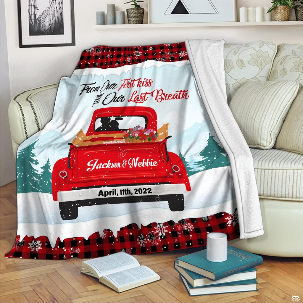 Vintage red truck throw blanket view 2 highlighting retro truck, winter pines, and buffalo check trim