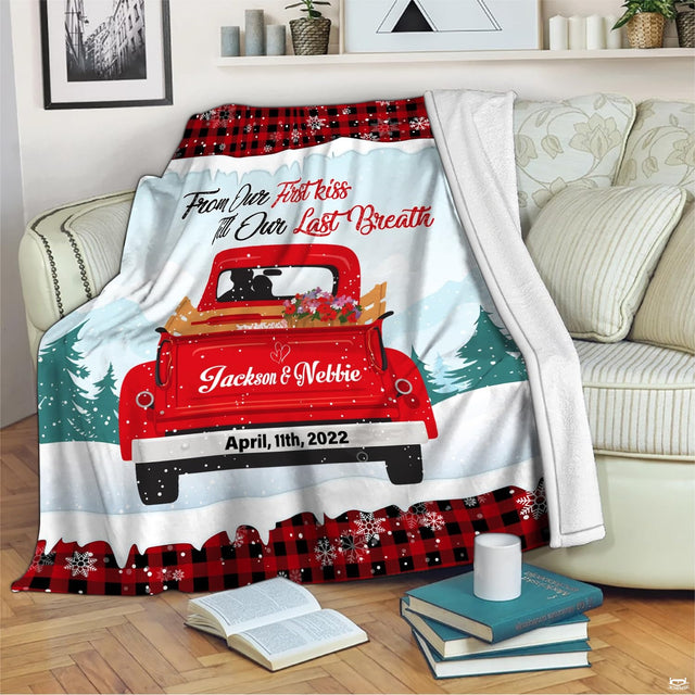 Vintage red truck throw blanket view 2 highlighting retro truck, winter pines, and buffalo check trim