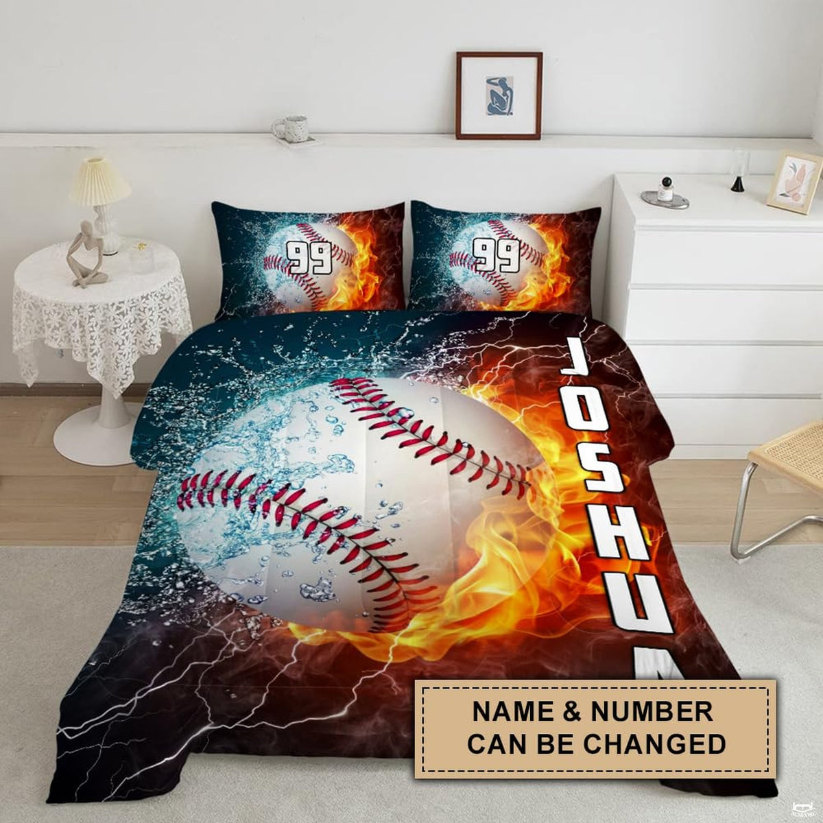 Elemental bed set visual showing a baseball divided into orange fire and aqua blue water swirls.