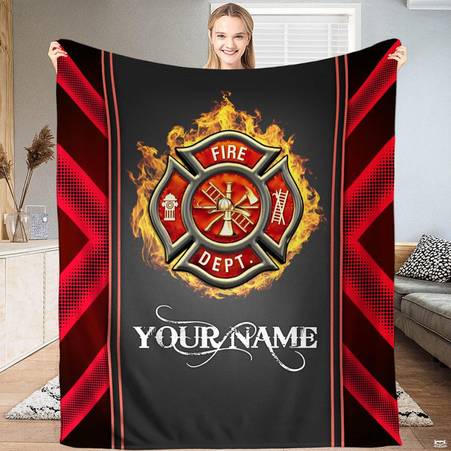 Close-up of the 3D metallic Maltese cross shield engulfed in orange flames with rescue tool icons on a blanket