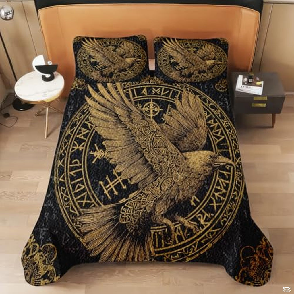 Viking Raven Quilt Bed Set – Norse Mythology Celtic Tree of Life Bedding with Ravens – Viking Bedspread Comforter Set for Men & Women, Nordic Symbol Quilt, Twin/Queen/King Sizes (Color 9)