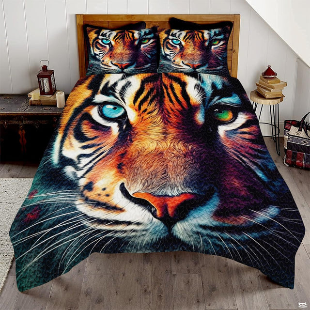 Colorful tiger portrait bedding with vivid eyes and matching pillow art