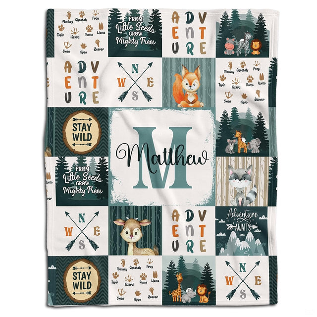 Forest bedding set featuring evergreen pine tree prints, woodland fox artwork, and rustic badges.
