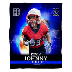 Youth football running back rushing through electric blue lightning bolts, view 5.