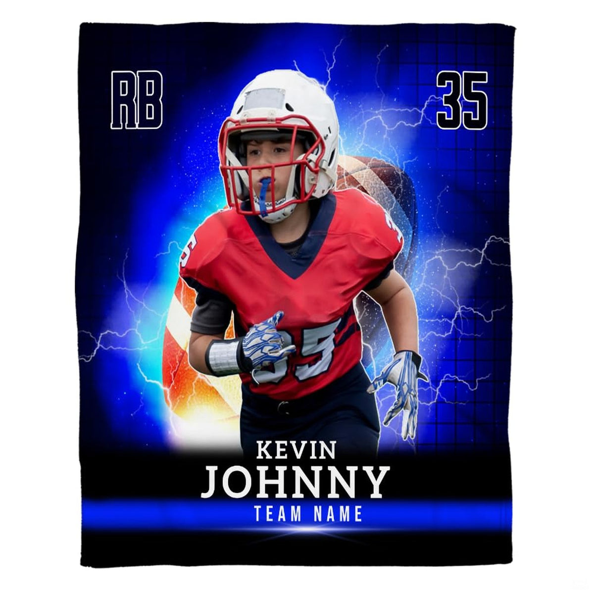Youth football running back rushing through electric blue lightning bolts, view 5.