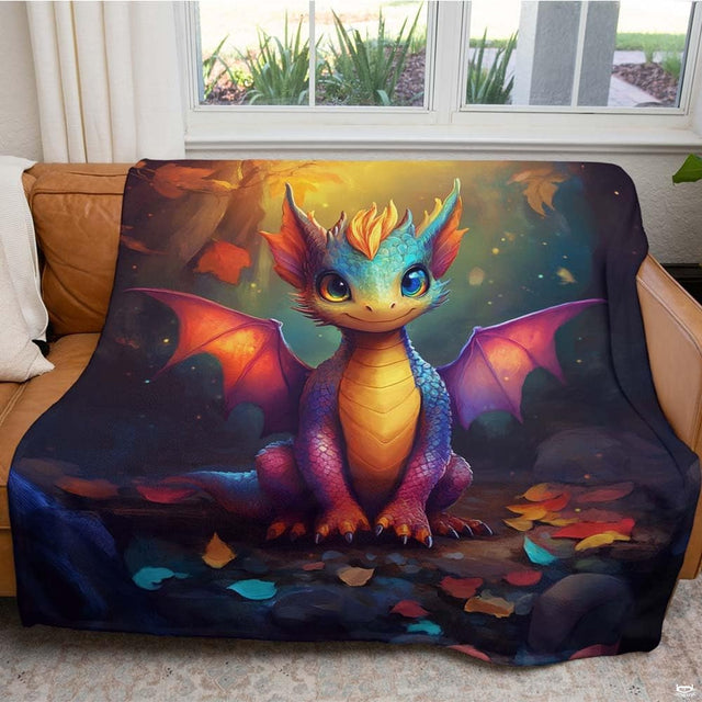Adorable baby dragon with glowing wings and iridescent scales in autumn forest, view 2.