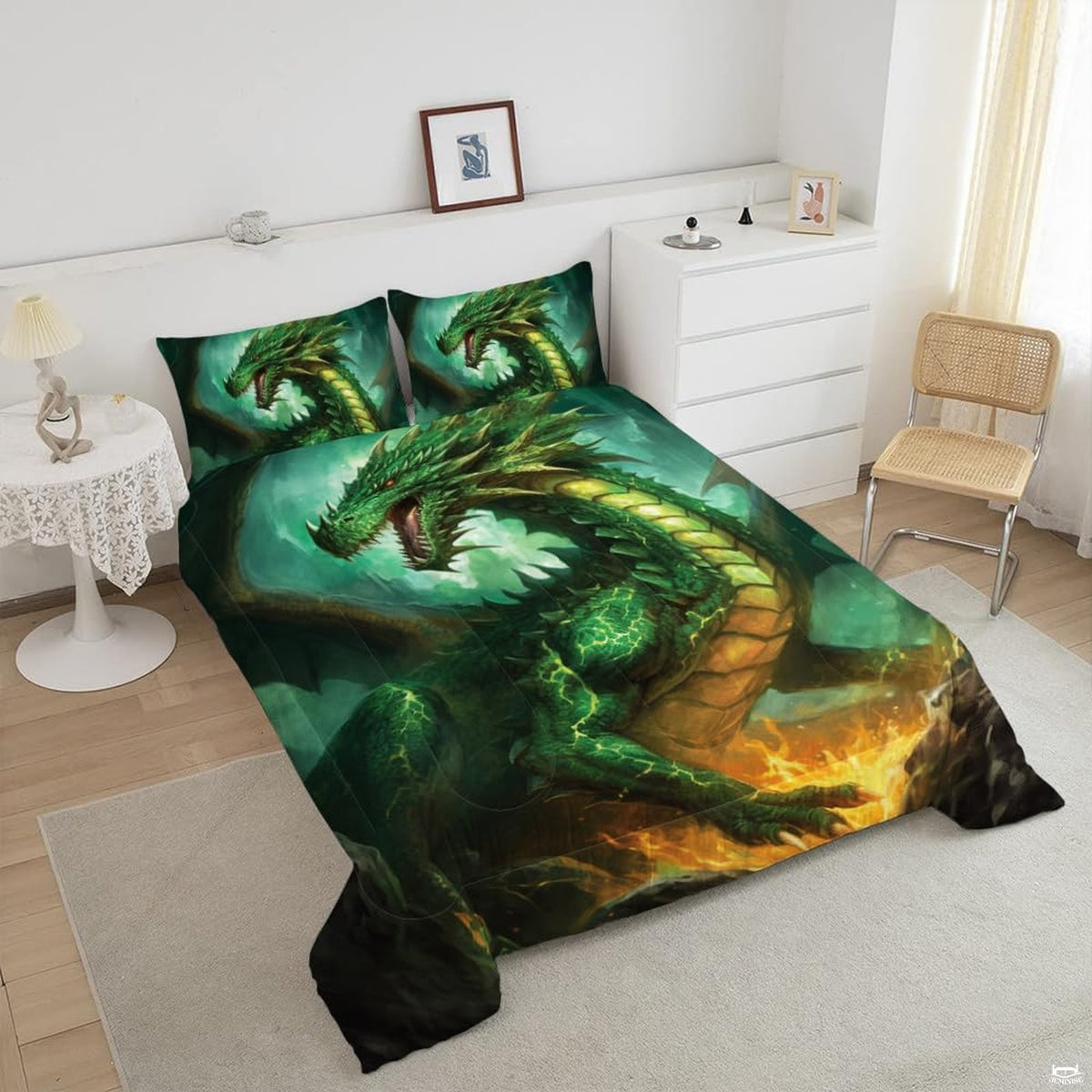 Top angle perspective of seafoam dragon fantasy bedding showing vivid mint scales, wings, and stardust prints.