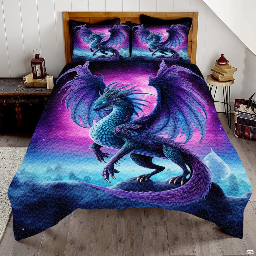 Blue and purple winged dragon artwork displayed across a bed and matching pillow shams
