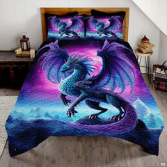 Blue and purple winged dragon artwork displayed across a bed and matching pillow shams