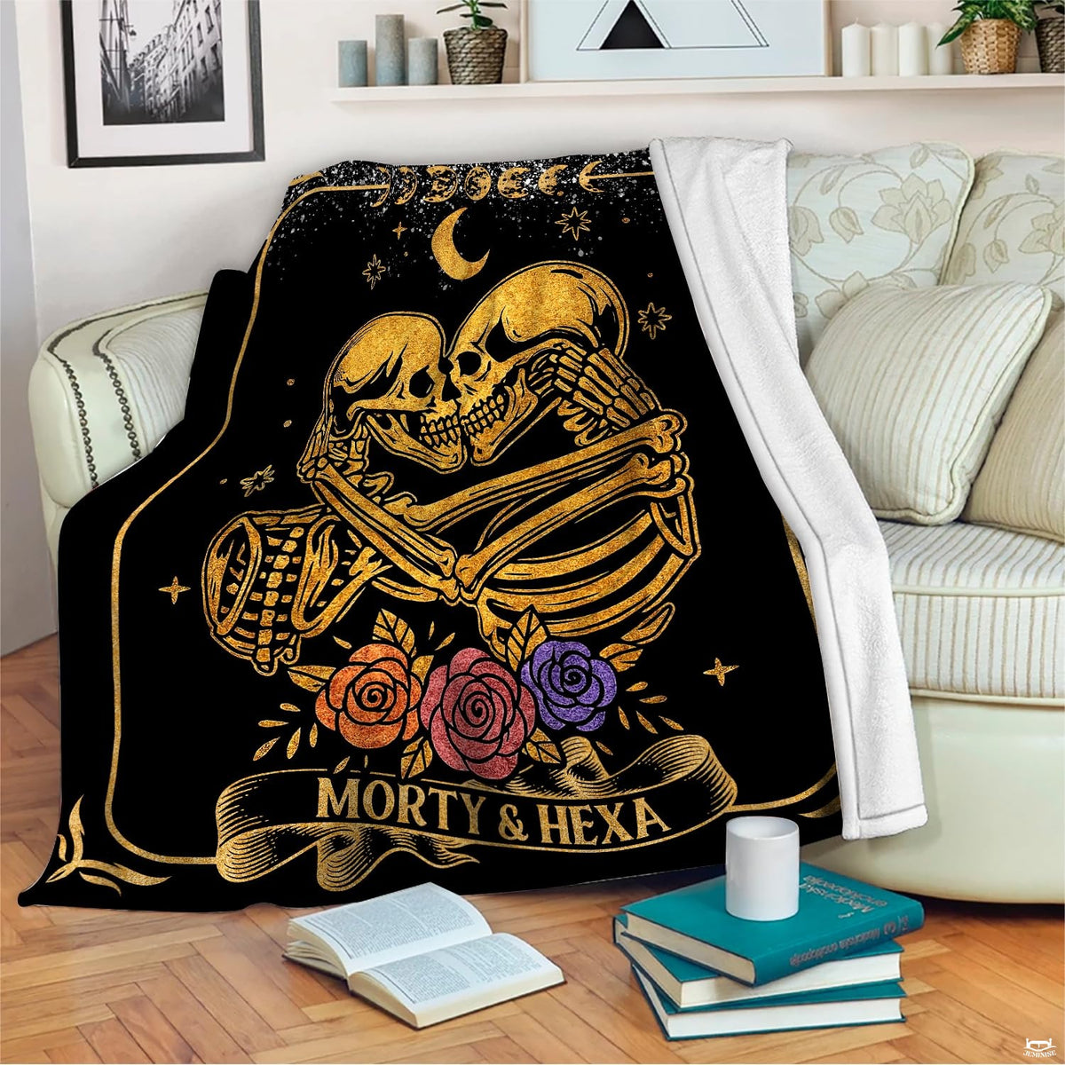 Gold skeleton lovers celestial throw blanket held open showing dramatic gothic celestial artwork
