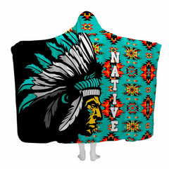 Aztec pattern bedding featuring a Native American chief profile in an elaborate feathered war bonnet headdress.
