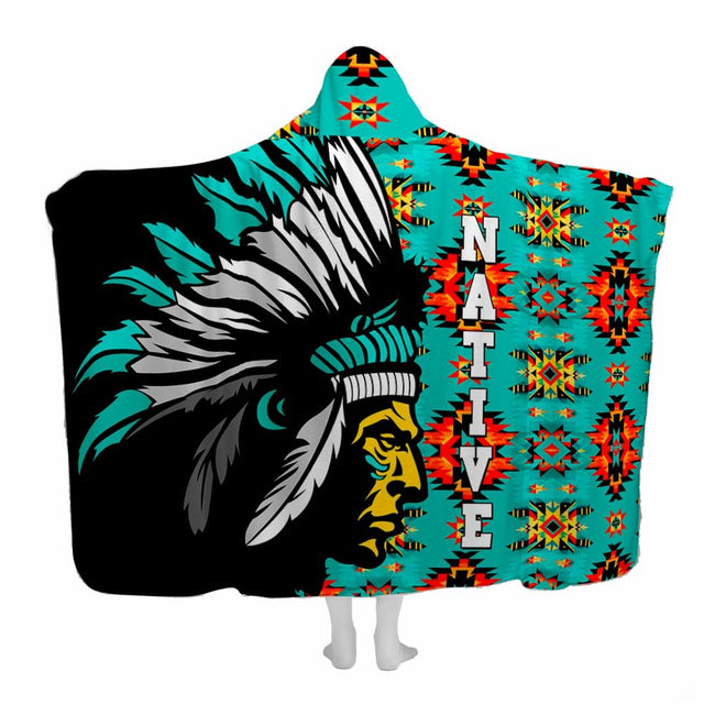 Aztec pattern bedding featuring a Native American chief profile in an elaborate feathered war bonnet headdress.