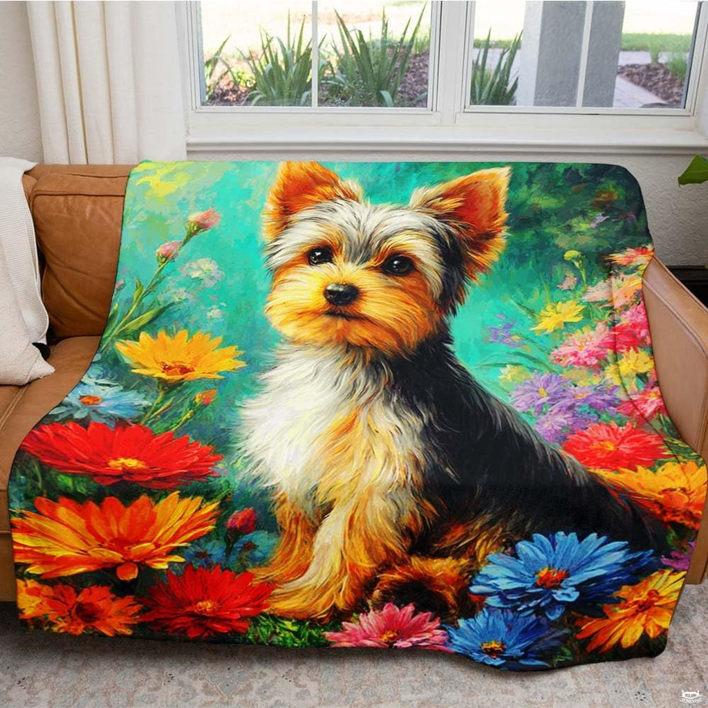 Artistic dog lover bedding display styled in a brightly lit modern bedroom