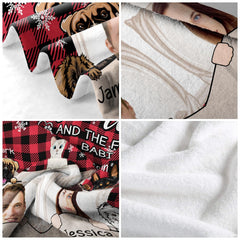 Illustrated couple and cartoon pets on red and black buffalo plaid background, view 7.
