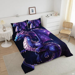 Top angle perspective of purple dragon fantasy bedding showing vivid lavender scales, wings, and stardust prints.
