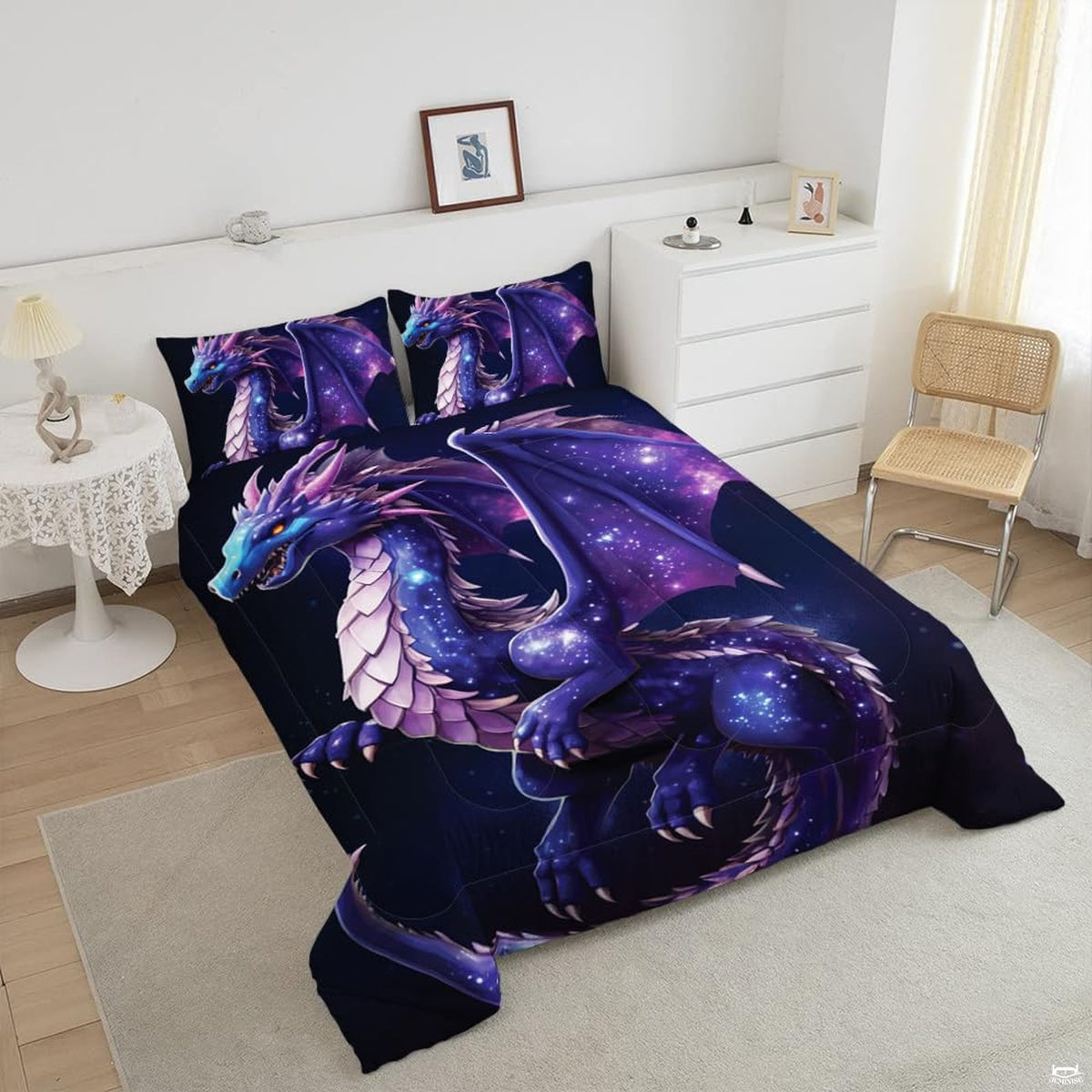 Top angle perspective of purple dragon fantasy bedding showing vivid lavender scales, wings, and stardust prints.