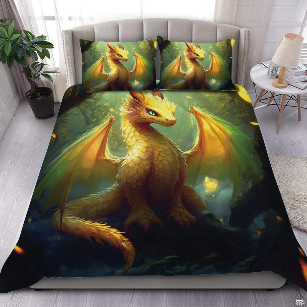 Golden dragon bedding in a bright bedroom
