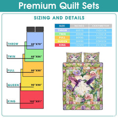 Overhead perspective of hummingbird bedding arranged across a floral garden-inspired mattress