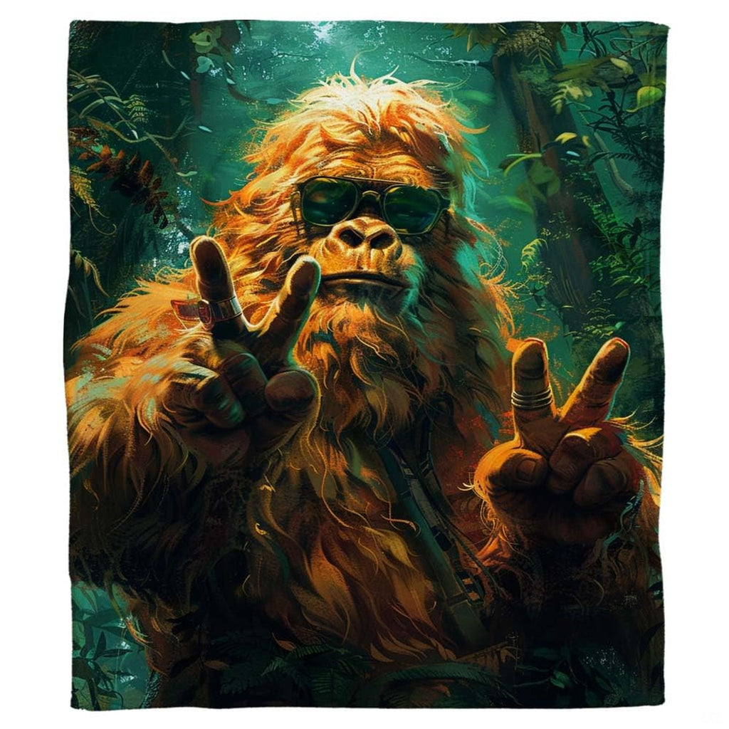 Groovy Bigfoot sunglasses throw blanket view 2 styled on living room couch in modern home