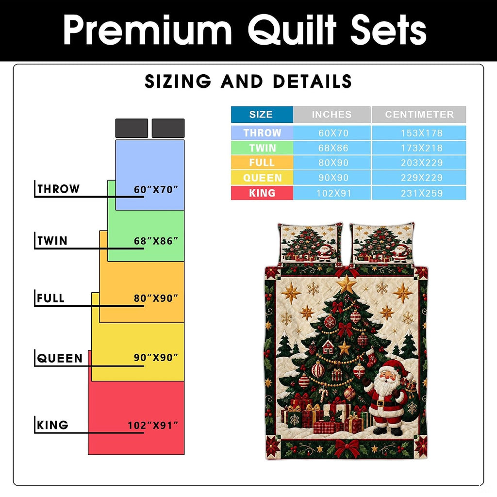 Christmas tree and Santa Claus bedding set framed with red poinsettia and holly garland borders.