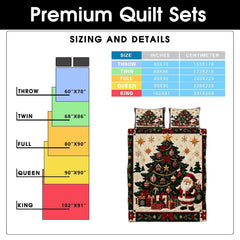 Christmas tree and Santa Claus bedding set framed with red poinsettia and holly garland borders.
