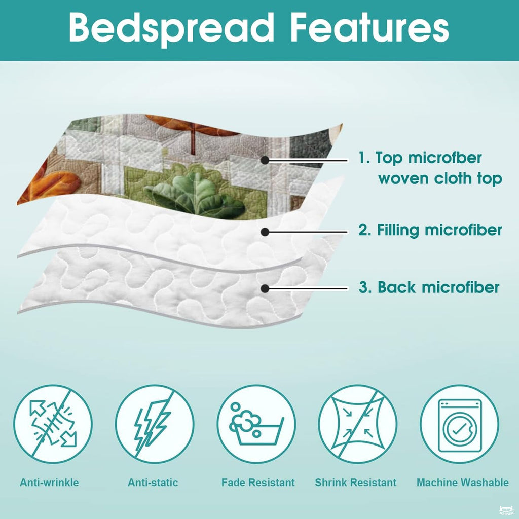 Folded presentation of autumn bedding set demonstrating sharp graphic print clarity and rich woodland color contrast.