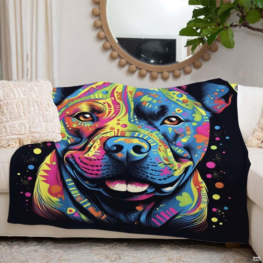 Colorful pitbull pop art throw blanket view 7 highlighting vivid neon pigments and home decor styling