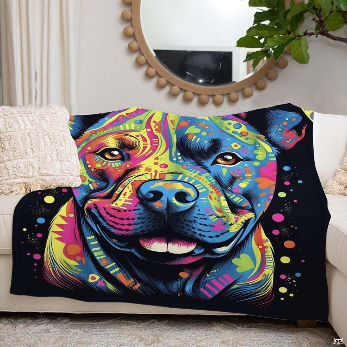 Colorful pitbull pop art throw blanket view 7 highlighting vivid neon pigments and home decor styling
