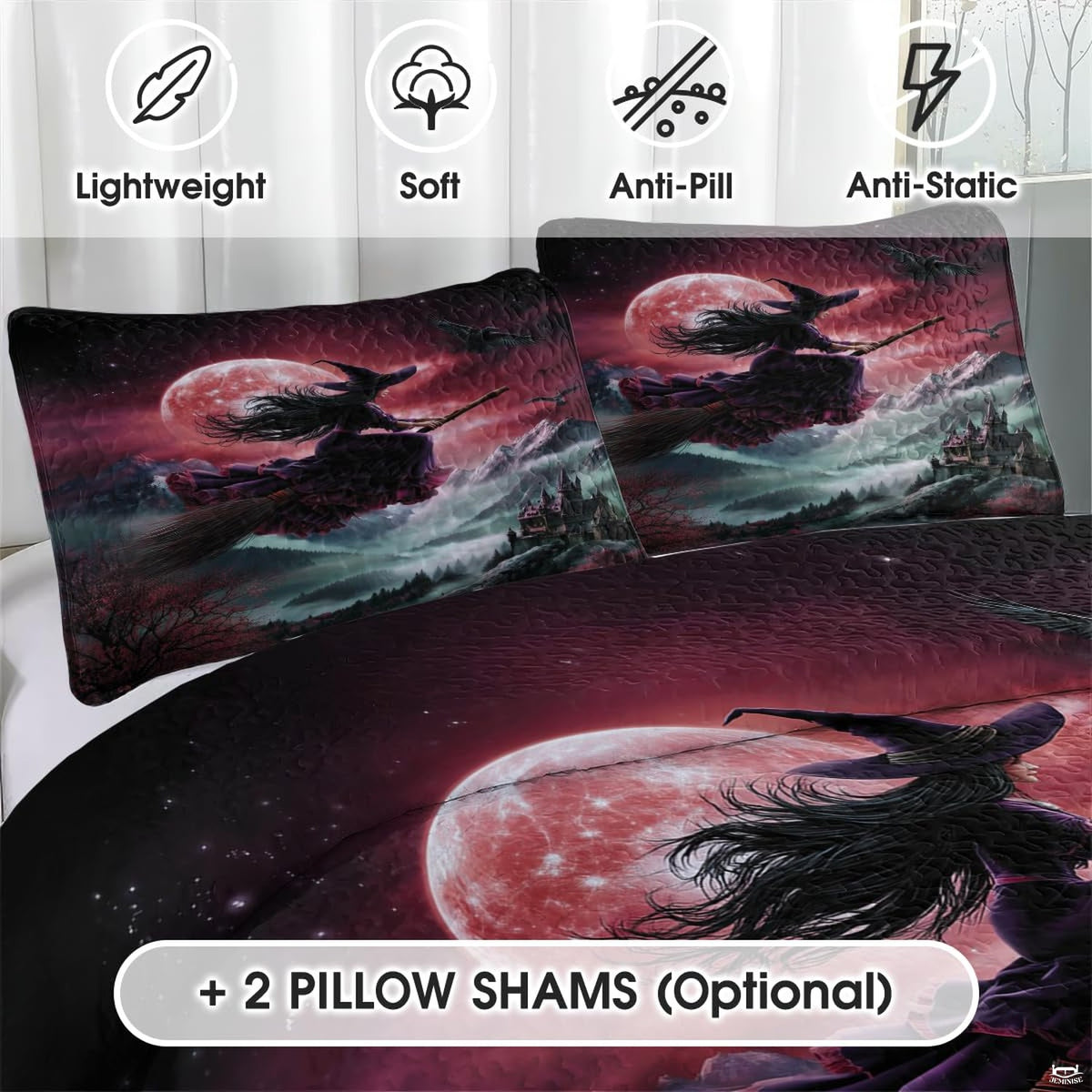 Close view of flying witch pillow artwork