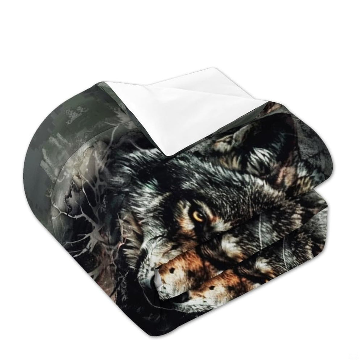 Folded bedding showing dark wolf face and plain white reverse