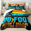 Retro sasquatch stripe bedding set featuring vibrant sunset bands and forest silhouette