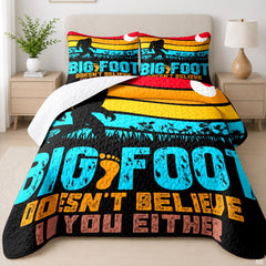 Retro sasquatch stripe bedding set featuring vibrant sunset bands and forest silhouette