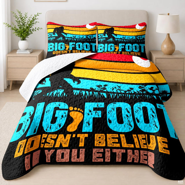 Retro sasquatch stripe bedding set featuring vibrant sunset bands and forest silhouette