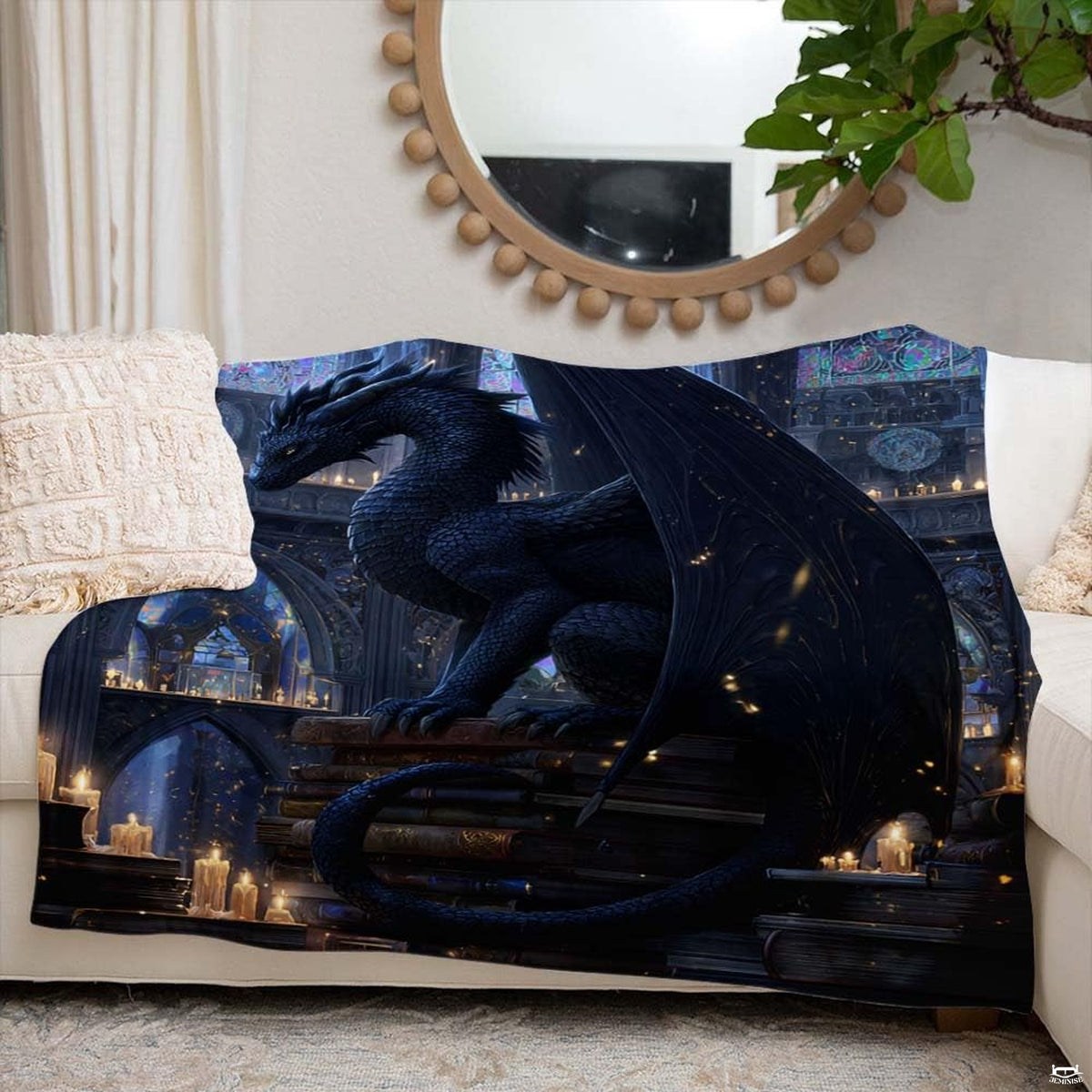 Gothic black dragon throw blanket view 5 highlighting dragon scales, stained glass, and candles
