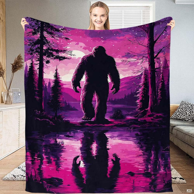Bigfoot Sasquatch reflected on calm lake waters under violet twilight, view 1.