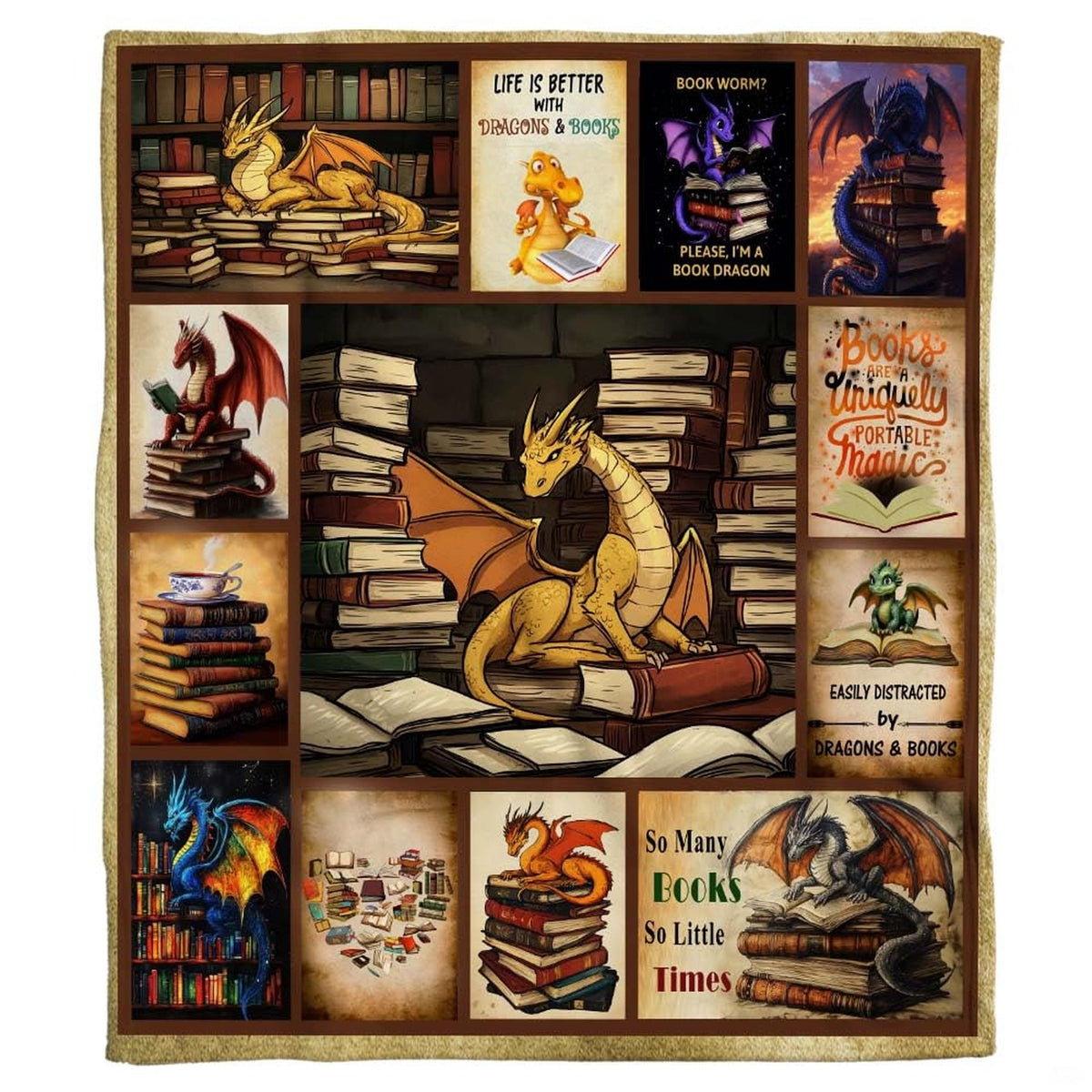 Close view of center golden dragon and surrounding book panels