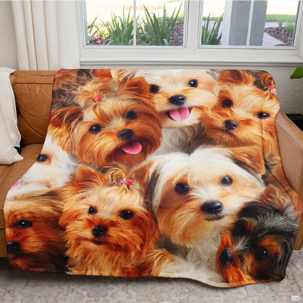 Overhead flat view of the dense Yorkshire Terrier puppy face collage throw blanket