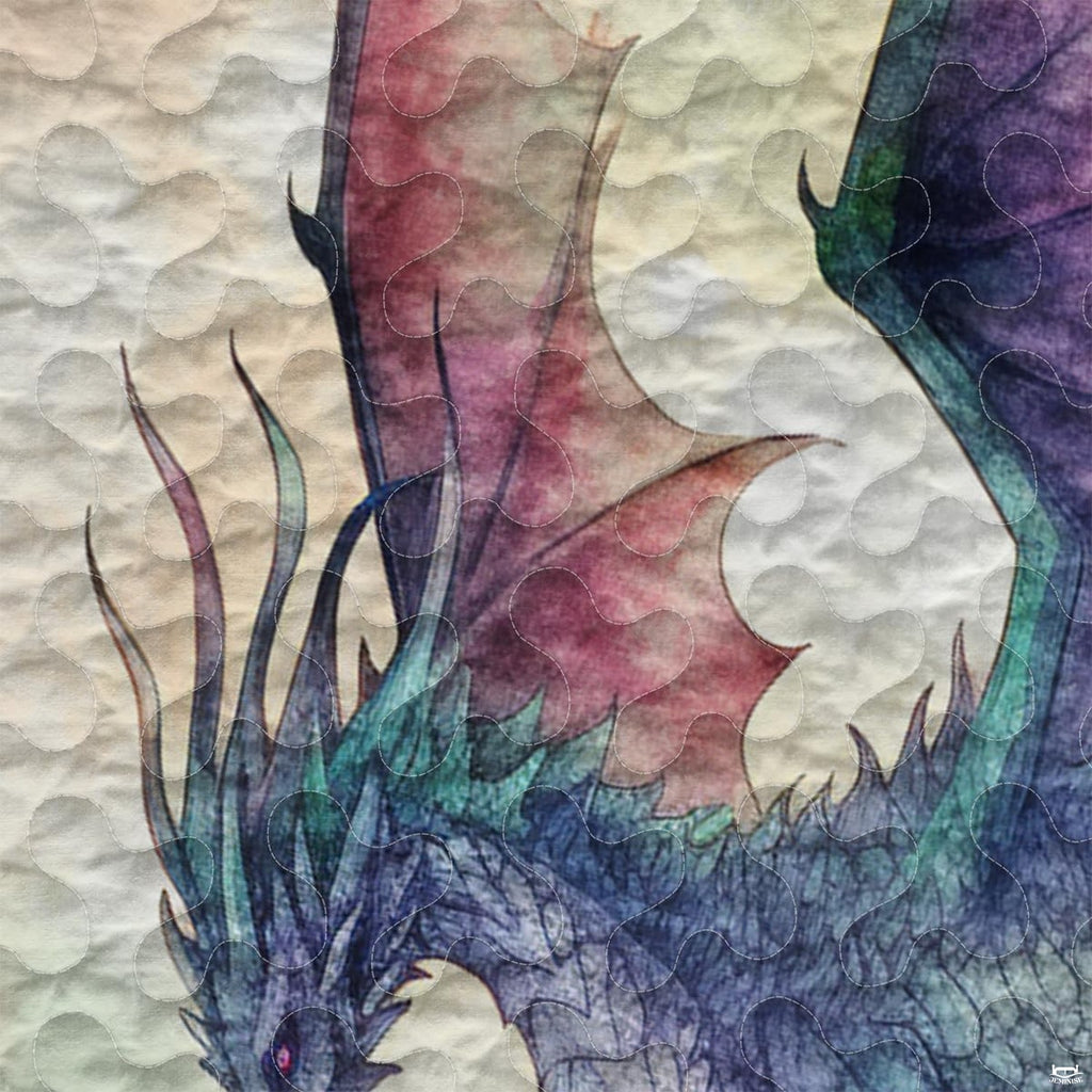 Close-up of blue dragon spines and translucent rose wing artwork