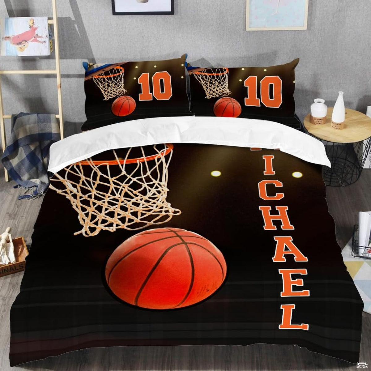 Close-up perspective of basketball bedding showing detailed white woven net cords and orange rim